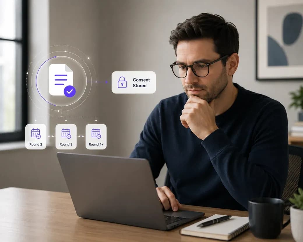A candidate at his laptop next to his stored consent record, connected to rounds 2, 3, and 4 or later, showing that the same consent carries forward to each later round instead of being asked for again.