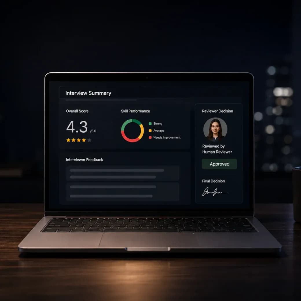 A laptop screen showing an interview summary with an overall score of 4.3 out of 5, a skill performance breakdown, interviewer feedback, and a reviewer decision panel showing the interview approved and signed off by a human reviewer.