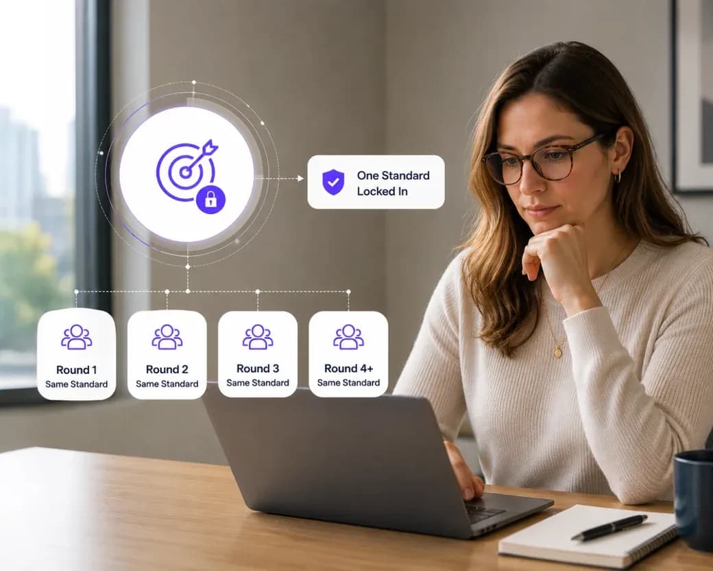 A candidate at her laptop next to a locked target icon labeled One Standard Locked In, connected to four cards for Round 1 through Round 4-plus, each marked Same Standard.