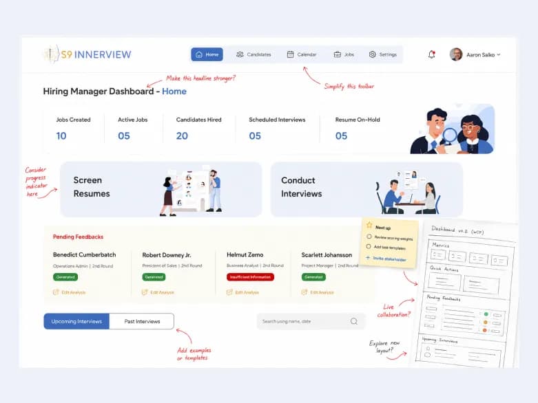 Interview Builder mockup with in-progress redlines and annotations