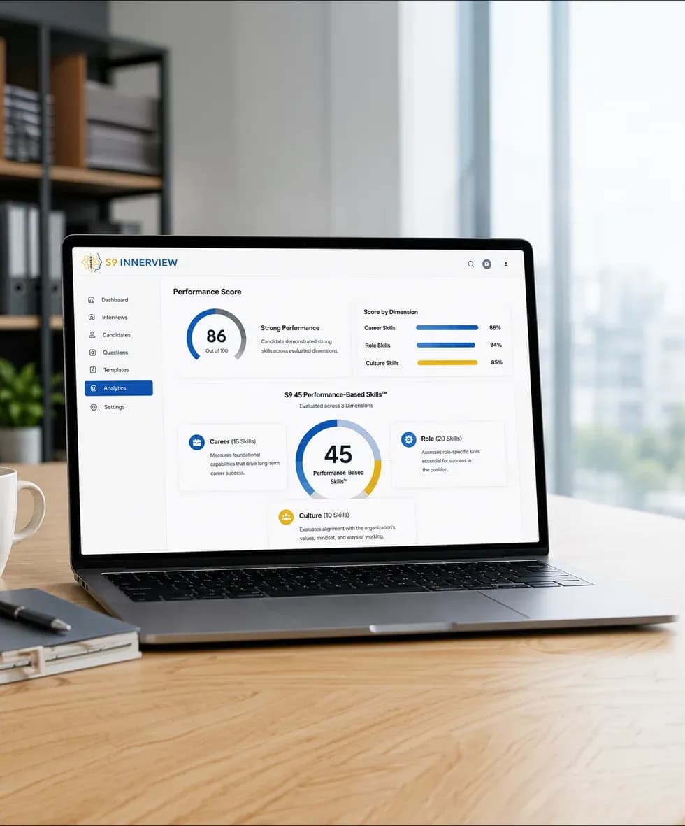 S9 InnerView Performance Score dashboard: overall score 86 out of 100 marked Strong Performance, score by dimension for Career, Role, and Culture Skills, and the S9 45 Performance-Based Skills breakdown across Career, Role, and Culture.