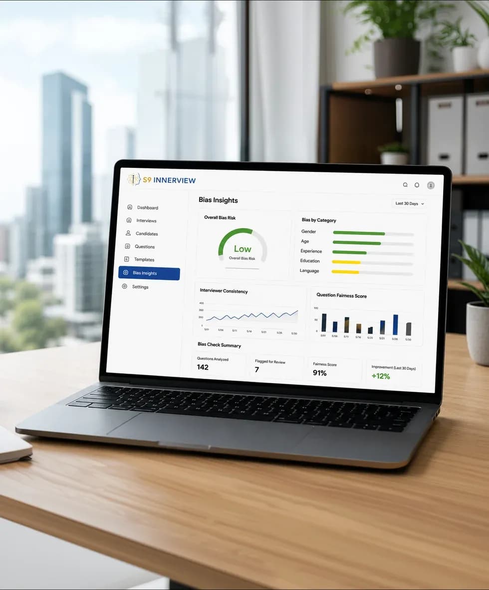 S9 InnerView Bias Insights dashboard: overall bias risk marked Low, bias by category for gender, age, experience, education, and language, interviewer consistency over time, and question fairness score.