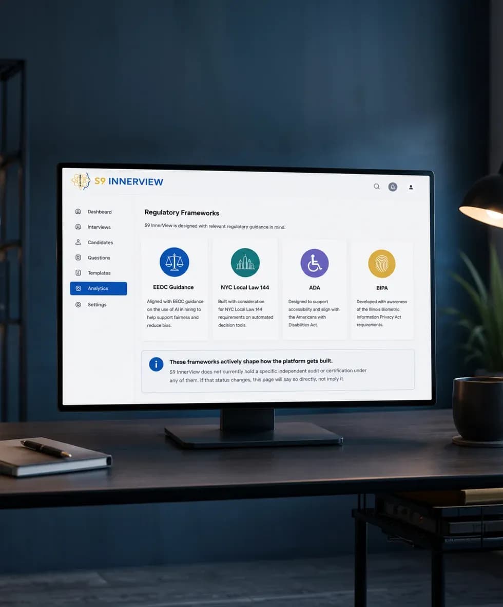 S9 InnerView Regulatory Frameworks screen listing EEOC Guidance, NYC Local Law 144, ADA, and BIPA, with a note that these frameworks actively shape how the platform gets built and that S9 InnerView does not currently hold a specific independent audit or certification under any of them.