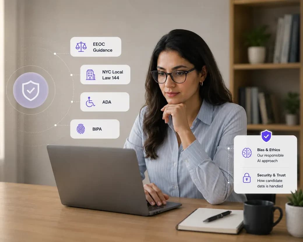 An HR leader at her laptop next to a shield icon connected to EEOC Guidance, NYC Local Law 144, ADA, and BIPA, with a second card listing the bias-and-ethics approach and how candidate data is handled.