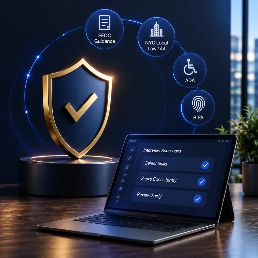 A gold shield with a checkmark, connected to four glowing badges for EEOC Guidance, NYC Local Law 144, ADA, and BIPA, beside a laptop showing an interview scorecard with Select Skills, Score Consistently, and Review Fairly each checked off.