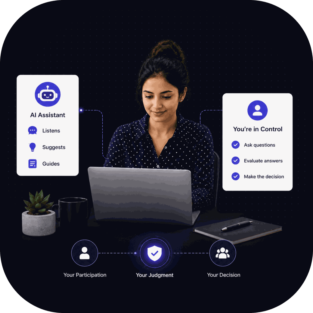 Illustration of an interviewer at her laptop, flanked by a card listing the AI Assistant’s role (listens, suggests, guides) and a card confirming she stays in control (asks questions, evaluates answers, makes the decision), with a row below marking her participation, judgment, and decision as the three checkpoints.