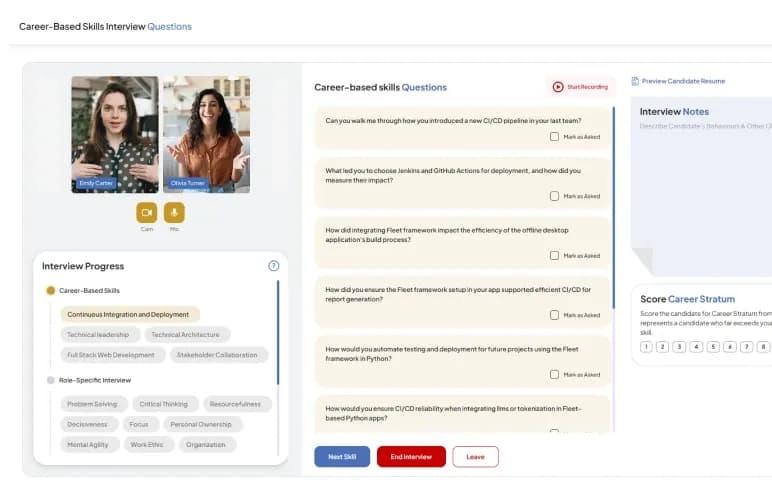 A live interview call in S9 InnerView showing career-based skills interview questions, two candidate video panels, and an interview progress checklist tracking career-based and role-specific skill areas.