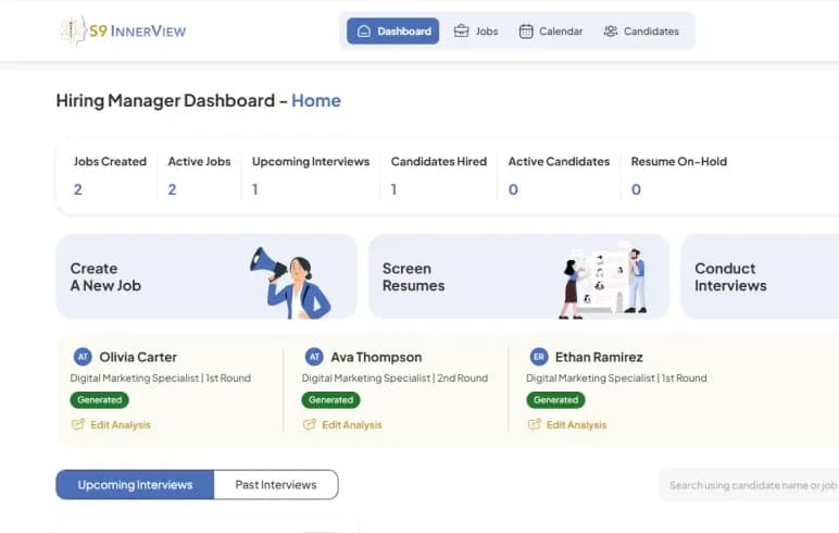 The S9 InnerView hiring manager dashboard home screen with job and candidate stats, and three action tiles for creating a new job, screening resumes, and conducting interviews.