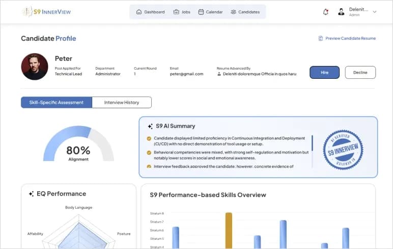 A candidate profile in S9 InnerView showing an 80% alignment score, an S9 AI summary, an EQ performance radar chart, and Hire and Decline buttons for the reviewer to make the final call.