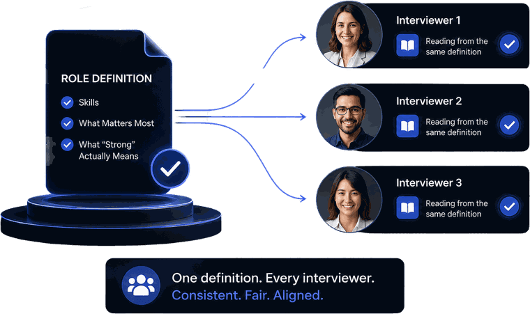 A checklist of a role definition covering skills, what matters most, and what strong actually means, feeding into three interviewer cards all reading from the same definition.