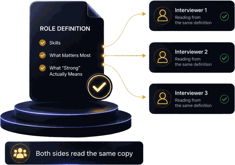 A role definition document with skills, what matters most, and what strong actually means, connecting to three interviewers all reading from the same copy.