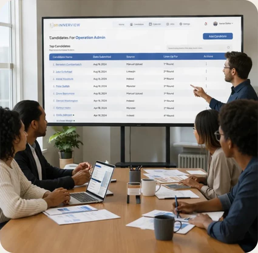 A hiring team gathered around a boardroom screen showing the S9 InnerView candidates dashboard, with candidate names, dates, sources, and interview rounds listed, and a laptop open on the table showing the same interface.