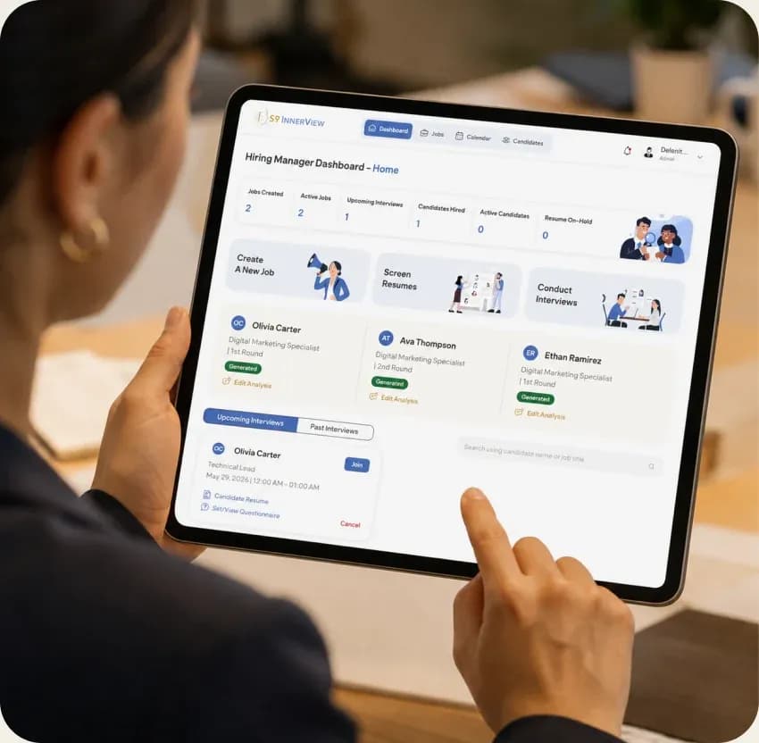 A hiring manager reviewing the S9 InnerView dashboard on a tablet, showing jobs created, active candidates, upcoming interviews, three candidate cards with generated analysis, and an upcoming interview scheduled for Olivia Carter.