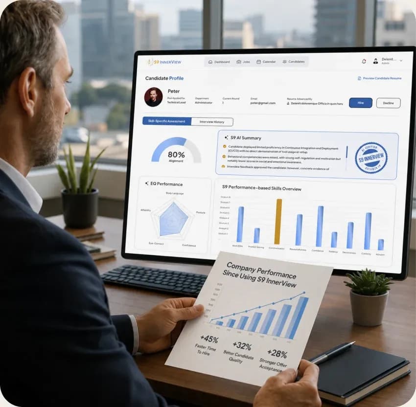 A hiring manager at his monitor reviewing a candidate profile in S9 InnerView, showing the skill-specific assessment, S9 AI summary, EQ radar chart, and a skills performance bar chart, holding a printed report of company performance gains since using S9 InnerView.